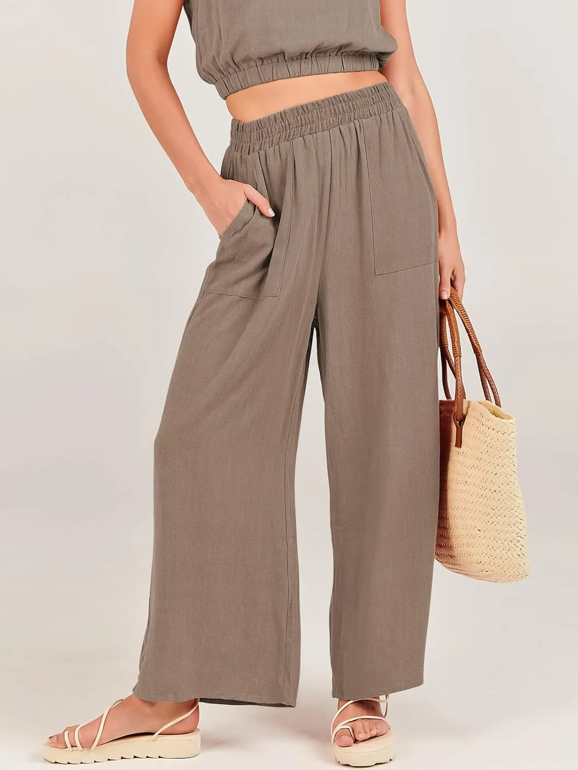ANRABESS Womens Summer 2 Piece Outfits Sleeveless Crop Top Tank and Wide Leg Pants Linen Jumpsuit Beach Vacation Sets