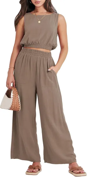 ANRABESS Womens Summer 2 Piece Outfits Sleeveless Crop Top Tank and Wide Leg Pants Linen Jumpsuit Beach Vacation Sets