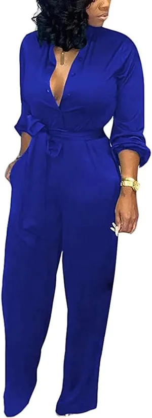Aro Lora Women's Deep V Neck Long Sleeve Button Down One Piece Wide Leg Jumpsuit Romper