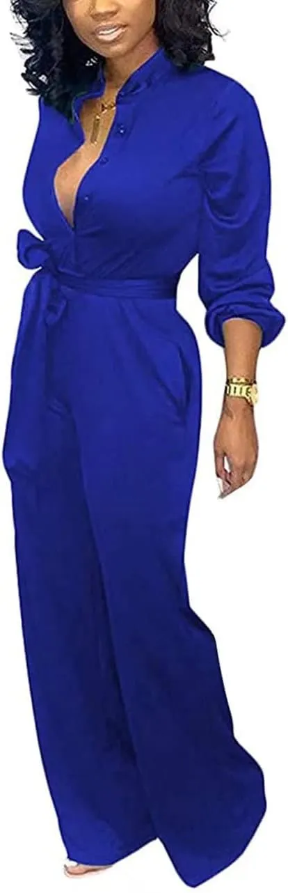 Aro Lora Women's Deep V Neck Long Sleeve Button Down One Piece Wide Leg Jumpsuit Romper