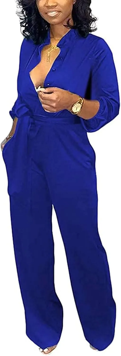 Aro Lora Women's Deep V Neck Long Sleeve Button Down One Piece Wide Leg Jumpsuit Romper
