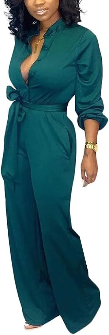 Aro Lora Women's Deep V Neck Long Sleeve Button Down One Piece Wide Leg Jumpsuit Romper