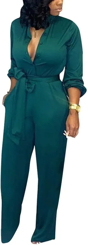 Aro Lora Women's Deep V Neck Long Sleeve Button Down One Piece Wide Leg Jumpsuit Romper