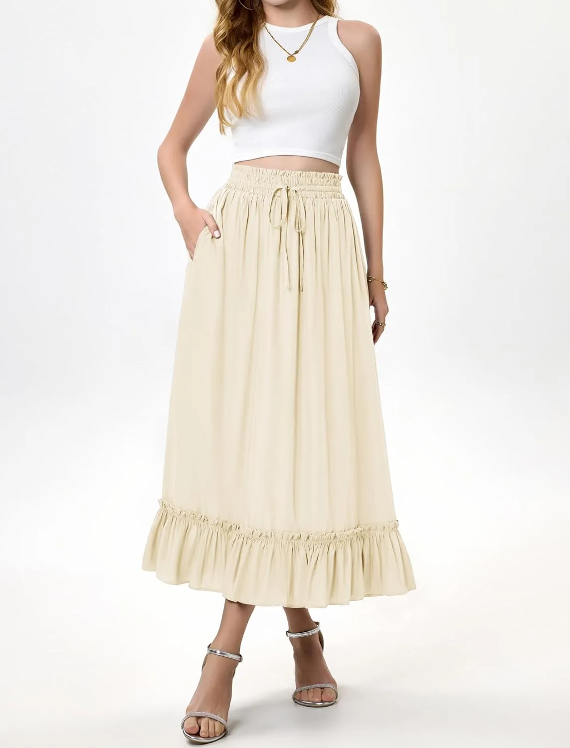 Arolina Womens Summer Boho Flowy Tiered Maxi Skirt 2025 Fashion Elastic Waist Pleated Long Beach Dress with Pockets