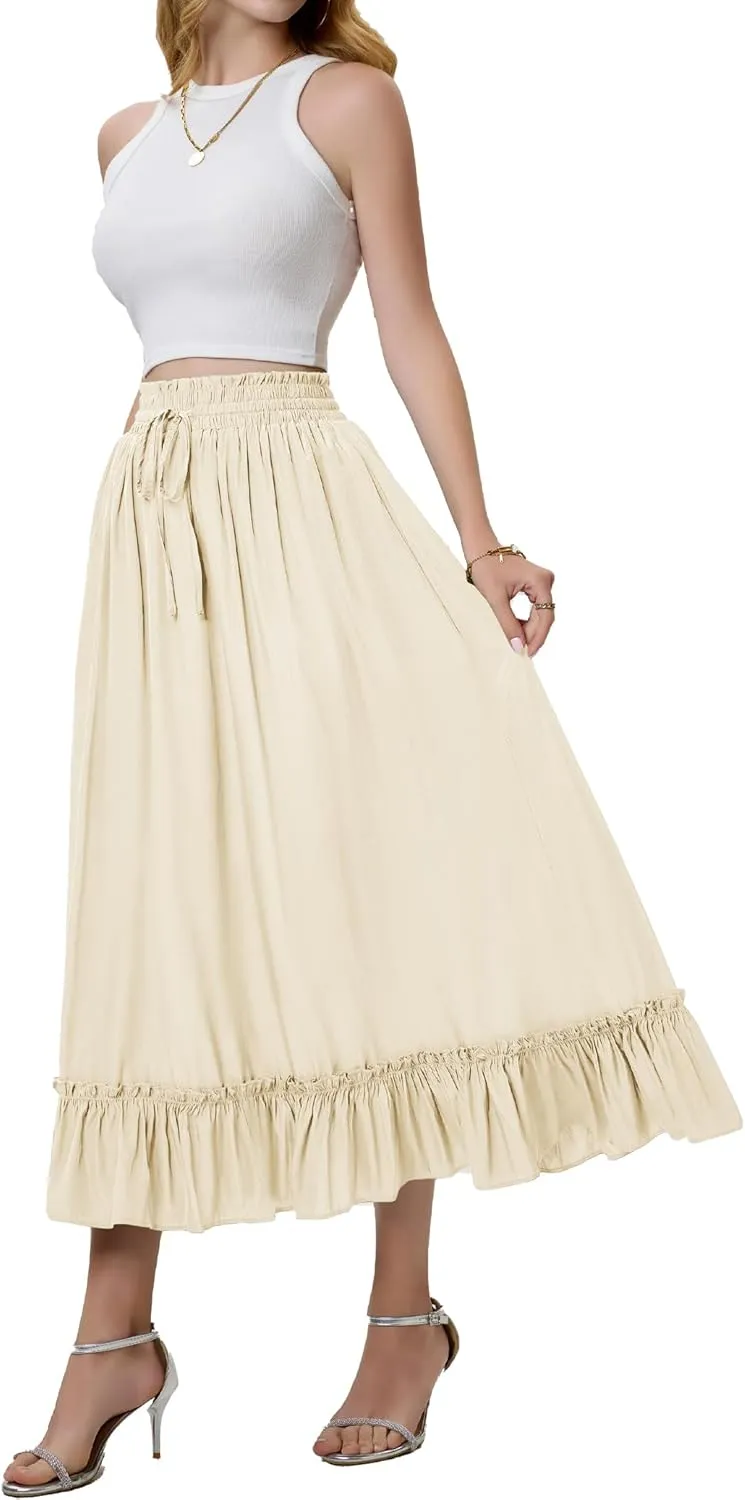 Arolina Womens Summer Boho Flowy Tiered Maxi Skirt 2025 Fashion Elastic Waist Pleated Long Beach Dress with Pockets