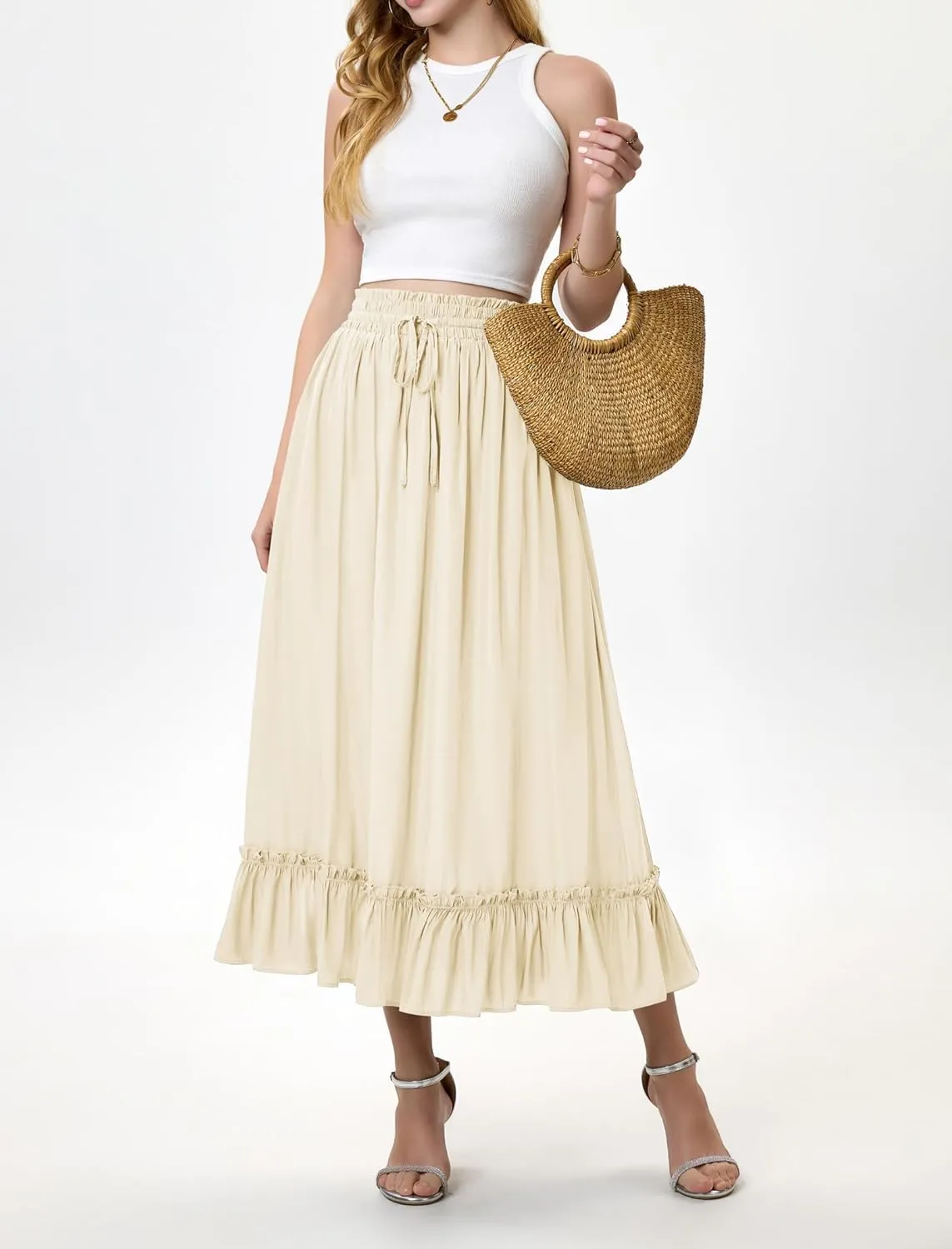 Arolina Womens Summer Boho Flowy Tiered Maxi Skirt 2025 Fashion Elastic Waist Pleated Long Beach Dress with Pockets