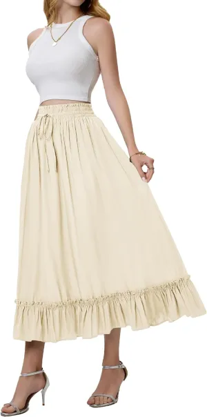 Arolina Womens Summer Boho Flowy Tiered Maxi Skirt 2025 Fashion Elastic Waist Pleated Long Beach Dress with Pockets