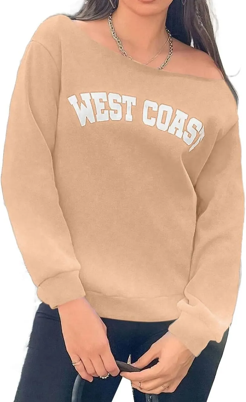 Avanova Women West Coast Graphic Off Shoulder Sweatshirt Boat Neck Long Sleeve Oversized Pullover Shirt