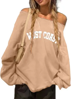 Avanova Women West Coast Graphic Off Shoulder Sweatshirt Boat Neck Long Sleeve Oversized Pullover Shirt