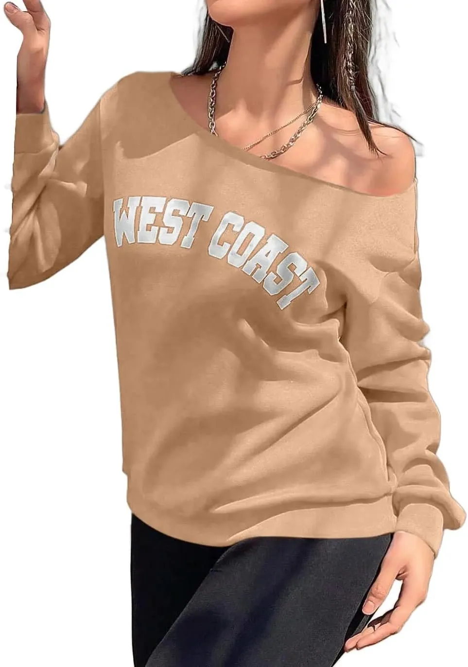 Avanova Women West Coast Graphic Off Shoulder Sweatshirt Boat Neck Long Sleeve Oversized Pullover Shirt