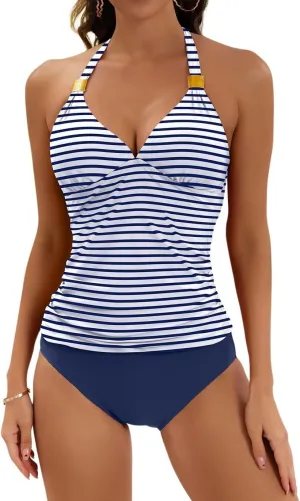 B2prity Halter Tankini Swimsuit for Women Tummy Control Two Piece Bathing Suit V Neck Swimwear with Shorts