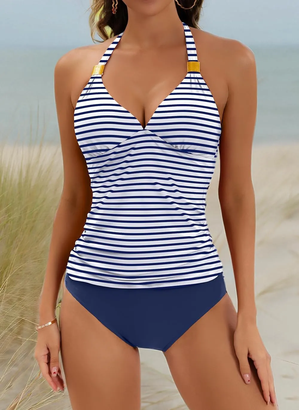 B2prity Halter Tankini Swimsuit for Women Tummy Control Two Piece Bathing Suit V Neck Swimwear with Shorts