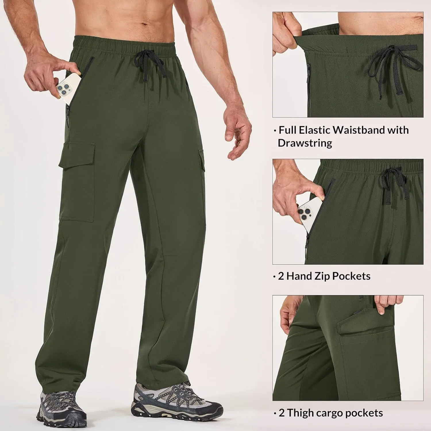 baleaf Men's Hiking Pants Water Resistant Cargo Quick Dry Travel Elastic Waist with Zip Pockets UPF 50  for Work Running