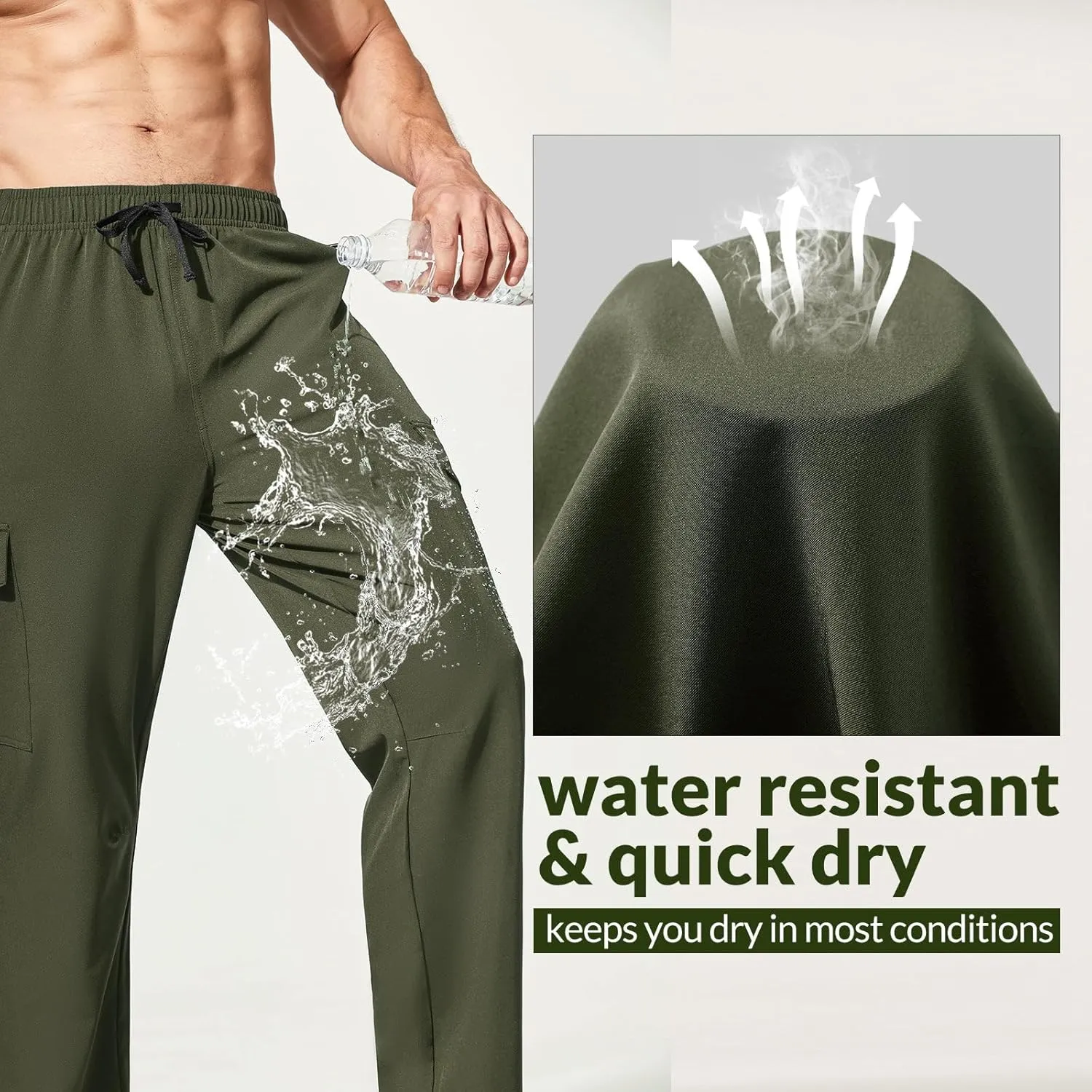 baleaf Men's Hiking Pants Water Resistant Cargo Quick Dry Travel Elastic Waist with Zip Pockets UPF 50  for Work Running