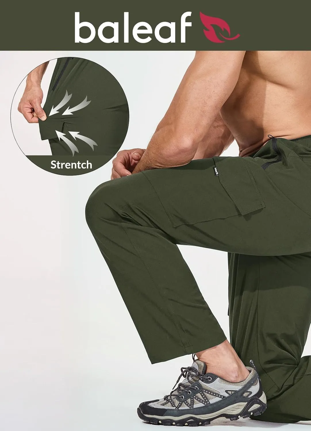 baleaf Men's Hiking Pants Water Resistant Cargo Quick Dry Travel Elastic Waist with Zip Pockets UPF 50  for Work Running