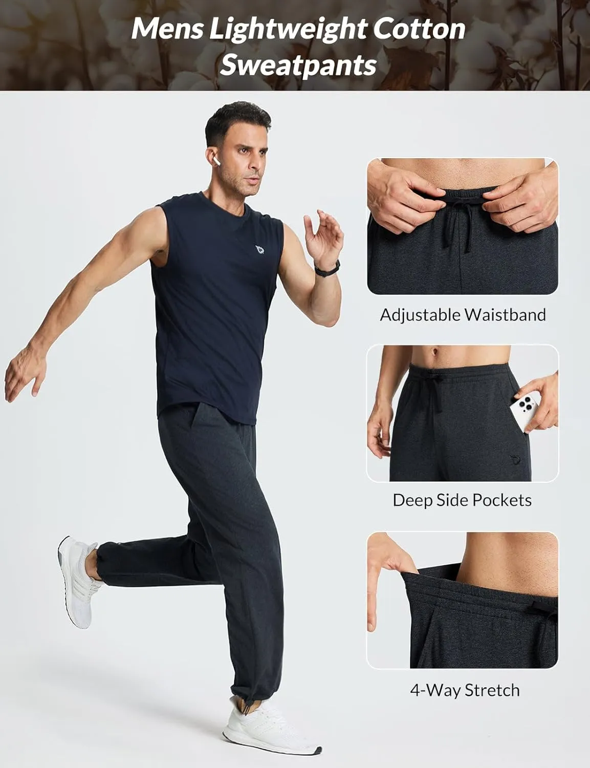 baleaf Men's Sweatpants Casual Lounge Cotton Pajama Yoga Pants Open Bottom Straight Leg Male Sweat Pants with Pockets
