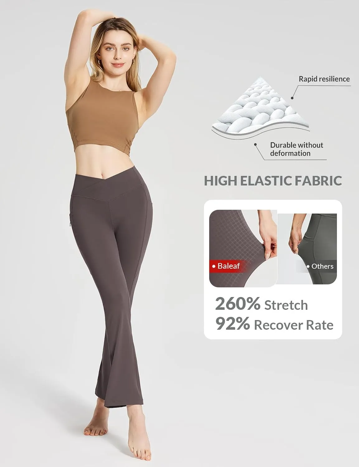 baleaf Women's Flare Leggings with Zipper Pockets Crossover High Waist Bootcut Yoga Pants Tummy Control Bell Bottom Leggings