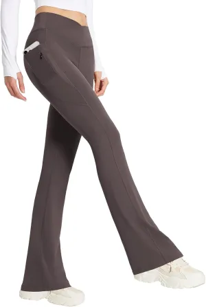 baleaf Women's Flare Leggings with Zipper Pockets Crossover High Waist Bootcut Yoga Pants Tummy Control Bell Bottom Leggings