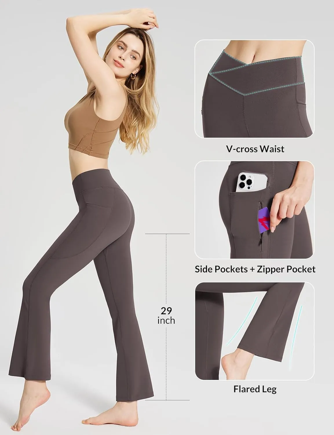 baleaf Women's Flare Leggings with Zipper Pockets Crossover High Waist Bootcut Yoga Pants Tummy Control Bell Bottom Leggings