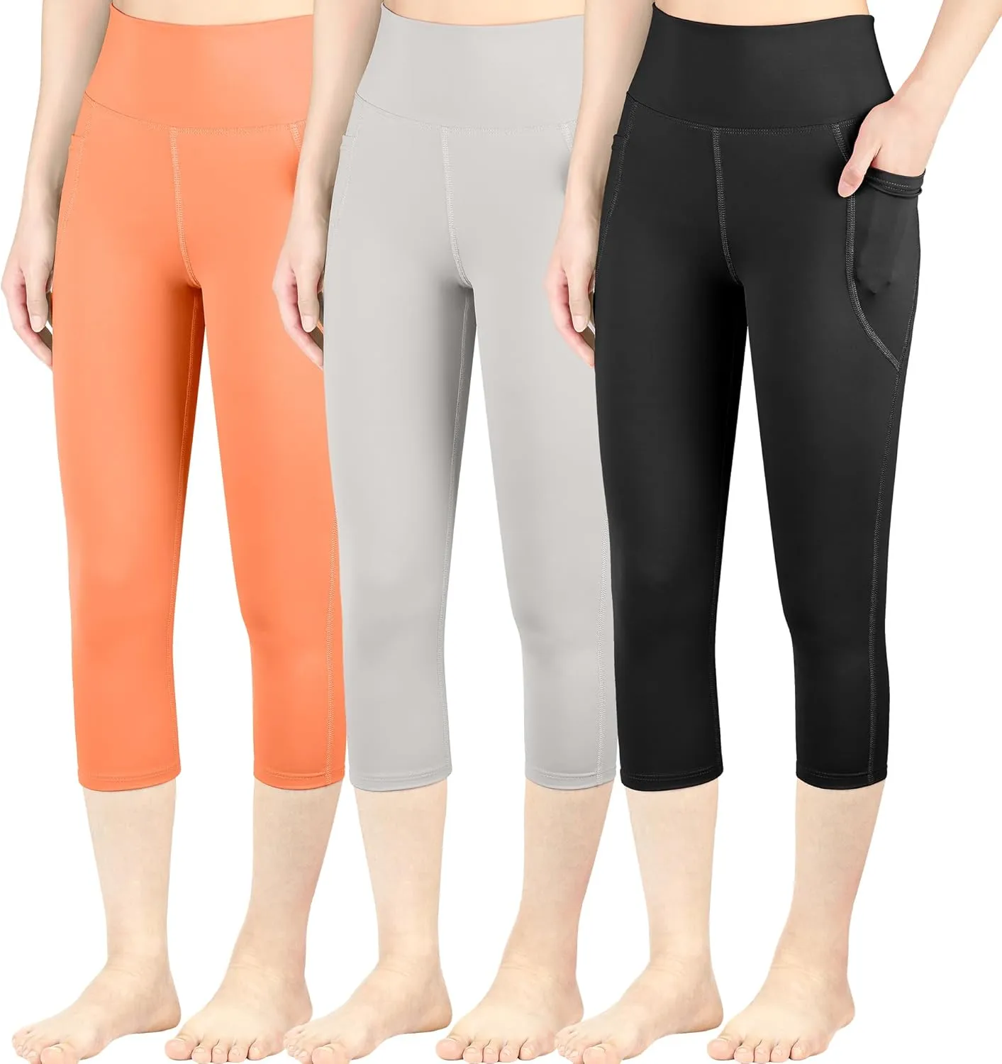 BIG ELEPHANT 3 Packs Girls Capri Leggings with Pockets, High Waisted Yoga Pants Athletic Running Dance Workout for Kids