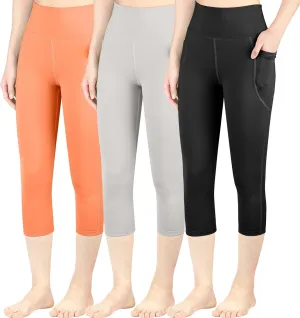 BIG ELEPHANT 3 Packs Girls Capri Leggings with Pockets, High Waisted Yoga Pants Athletic Running Dance Workout for Kids