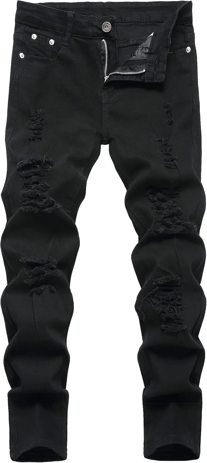 Boy's Skinny Fit Ripped Destroyed Distressed Stretch Slim Moto Biker Fashion Denim Jeans with Holes