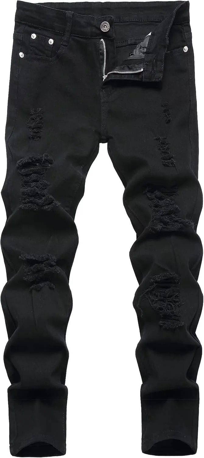 Boy's Skinny Fit Ripped Destroyed Distressed Stretch Slim Moto Biker Fashion Denim Jeans with Holes