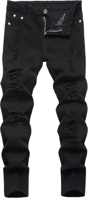Boy's Skinny Fit Ripped Destroyed Distressed Stretch Slim Moto Biker Fashion Denim Jeans with Holes