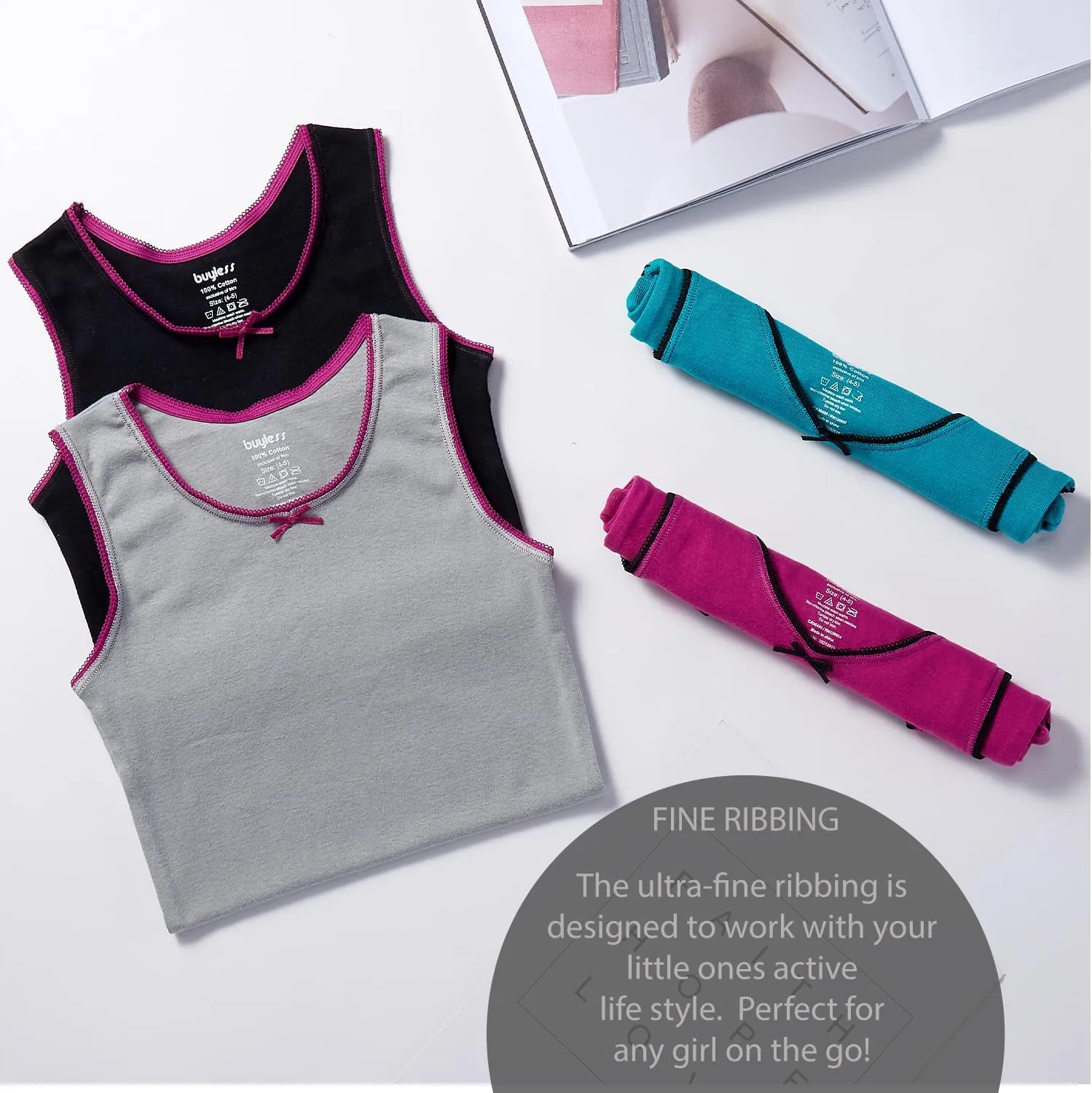 Buyless Fashion Girls Tank Top - Sleeveless Cami Tanks Cotton Undershirts for Dance Gymnastics, Kids & Toddler Size (12 Pack)