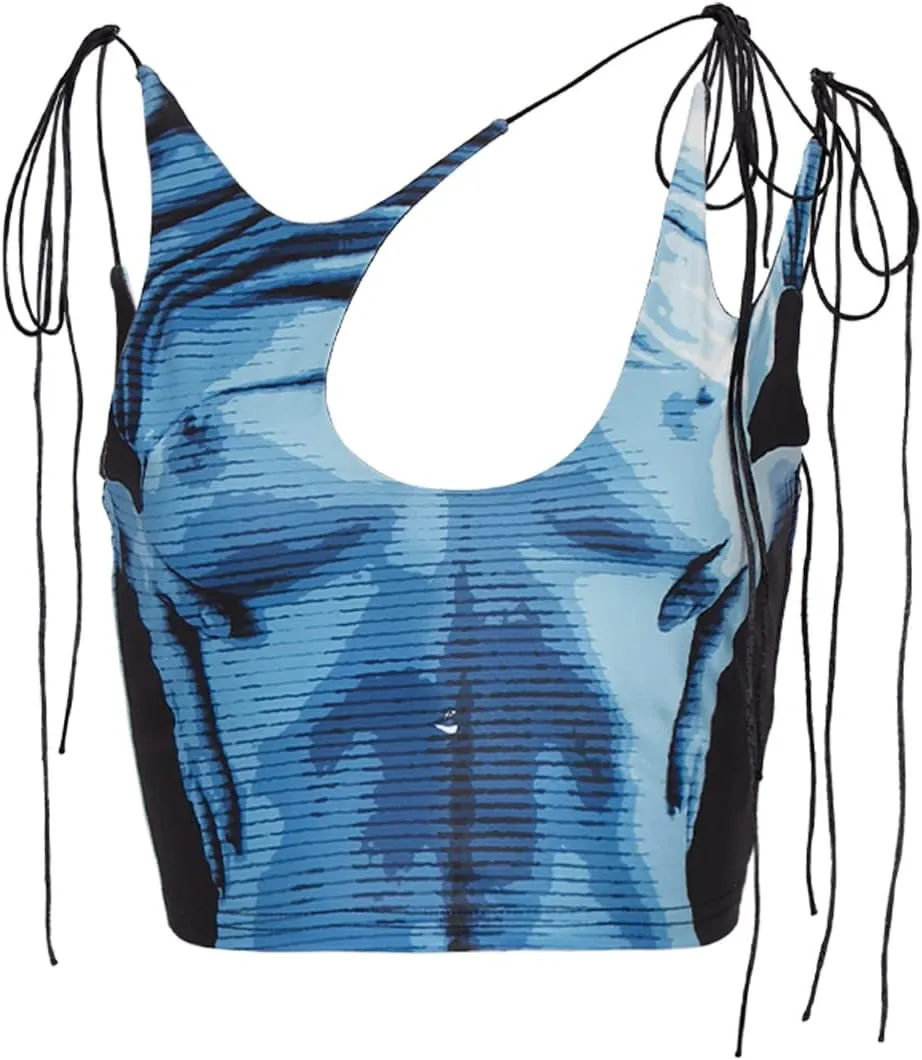 CAPE CLIQUE Womens Sexy Y2K Crop Tops Lace Up Body Print Hollow Out Summer Tie Dye Sleeveless Cami Plunge Tank Top
