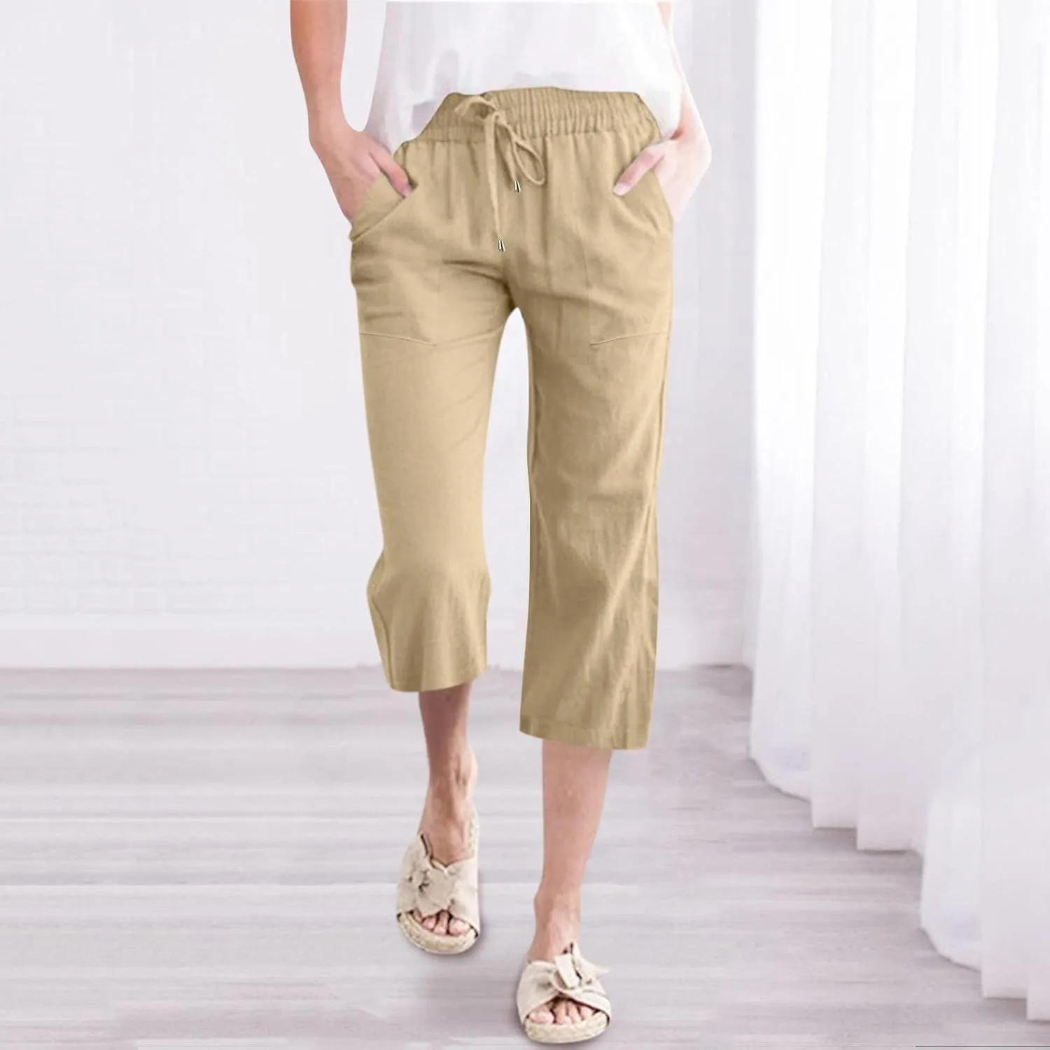 Capri Pants for Women Casual Summer Linen Pants Wide Leg Drawstring High Waist Baggy Cropped Trousers with Pockets