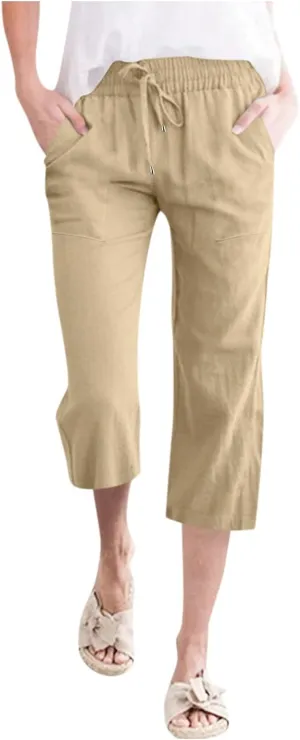 Capri Pants for Women Casual Summer Linen Pants Wide Leg Drawstring High Waist Baggy Cropped Trousers with Pockets