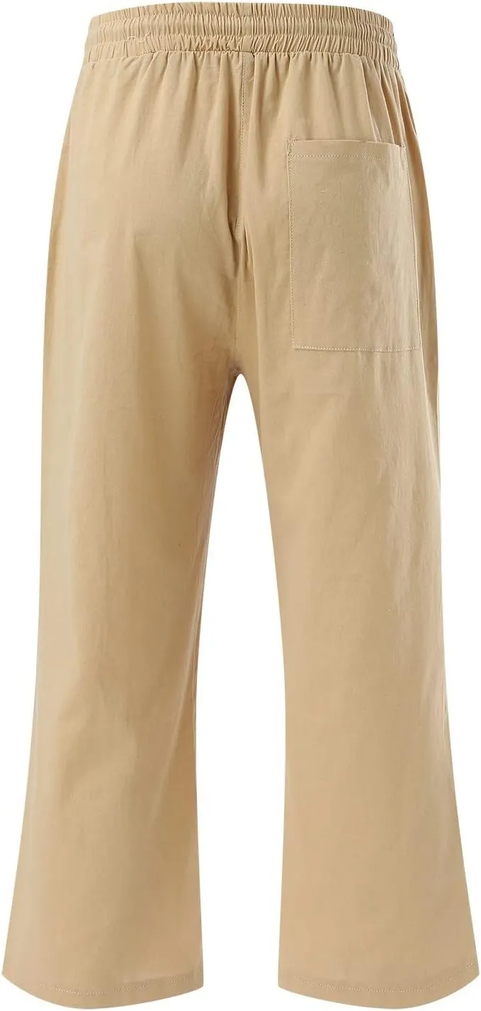 Capri Pants for Women Casual Summer Linen Pants Wide Leg Drawstring High Waist Baggy Cropped Trousers with Pockets