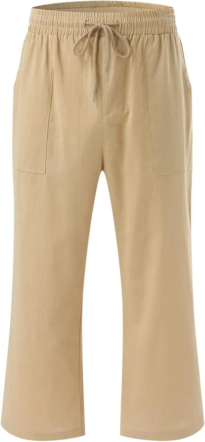 Capri Pants for Women Casual Summer Linen Pants Wide Leg Drawstring High Waist Baggy Cropped Trousers with Pockets