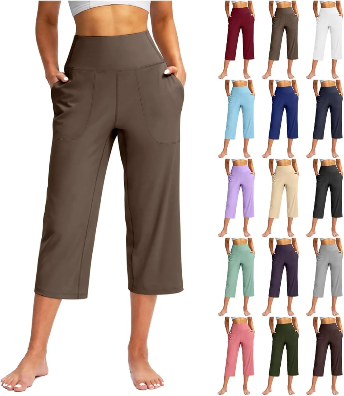 Capri Pants for Women Summer Casual Elastic Waist Wide Leg Cropped Trousers Plus Size Tummy Control Petite Yoga Pants