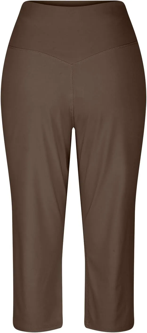 Capri Pants for Women Summer Casual Elastic Waist Wide Leg Cropped Trousers Plus Size Tummy Control Petite Yoga Pants