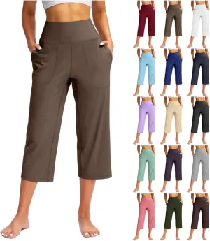 Capri Pants for Women Summer Casual Elastic Waist Wide Leg Cropped Trousers Plus Size Tummy Control Petite Yoga Pants