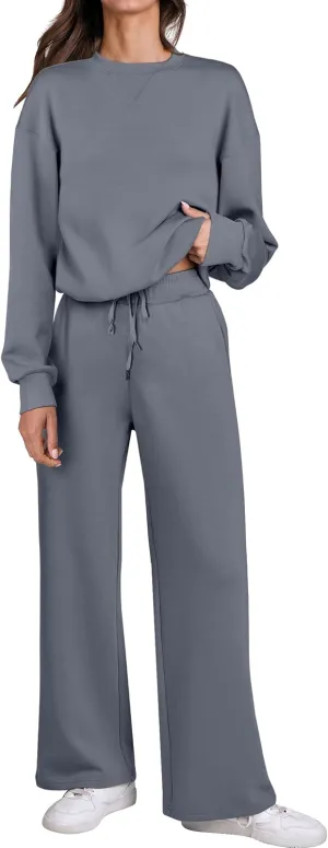 Caracilia Women's 2 Piece Outfits Sweatsuit Fall Crewneck Sweatshirts Wide Leg Pants Lounge Matching Sweat Sets Tracksuit
