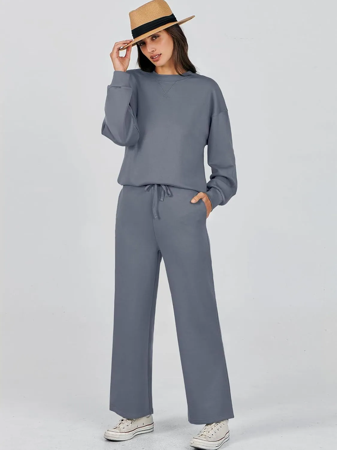 Caracilia Women's 2 Piece Outfits Sweatsuit Fall Crewneck Sweatshirts Wide Leg Pants Lounge Matching Sweat Sets Tracksuit