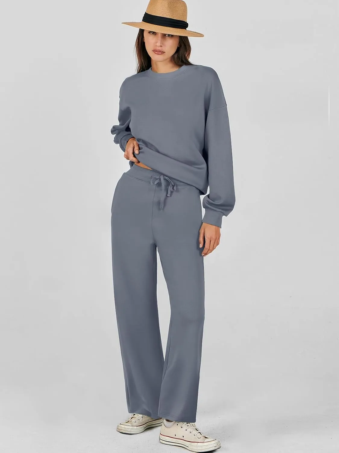 Caracilia Women's 2 Piece Outfits Sweatsuit Fall Crewneck Sweatshirts Wide Leg Pants Lounge Matching Sweat Sets Tracksuit