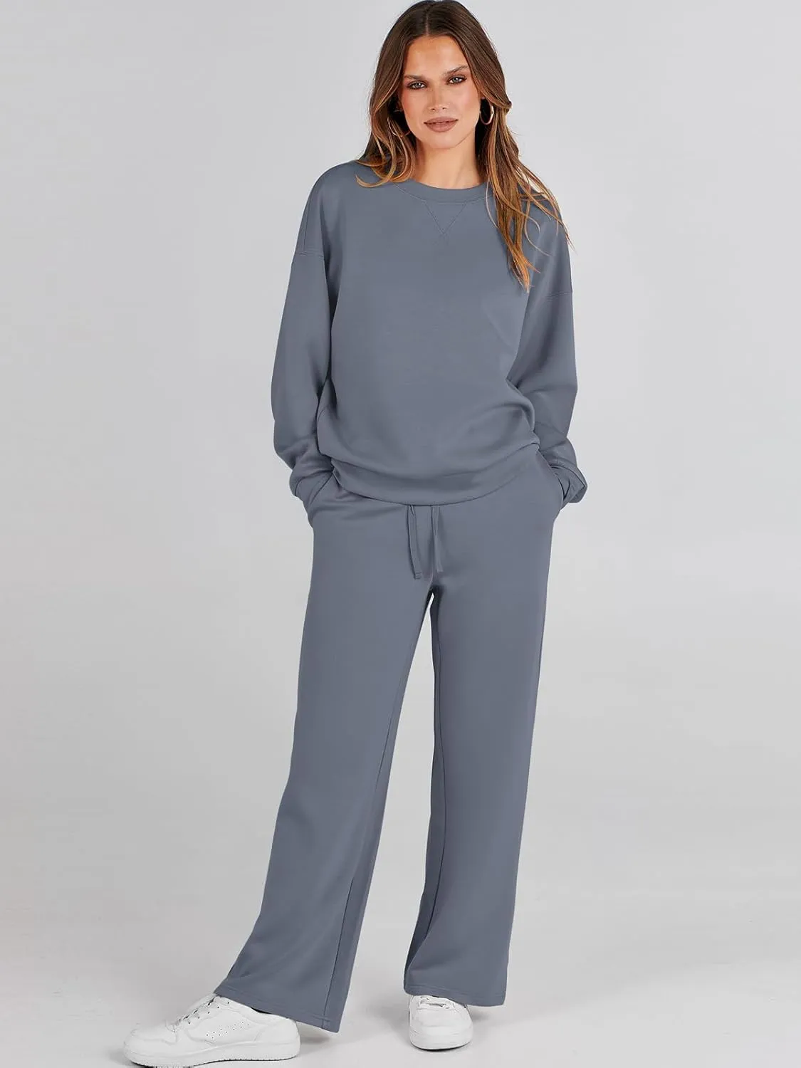 Caracilia Women's 2 Piece Outfits Sweatsuit Fall Crewneck Sweatshirts Wide Leg Pants Lounge Matching Sweat Sets Tracksuit