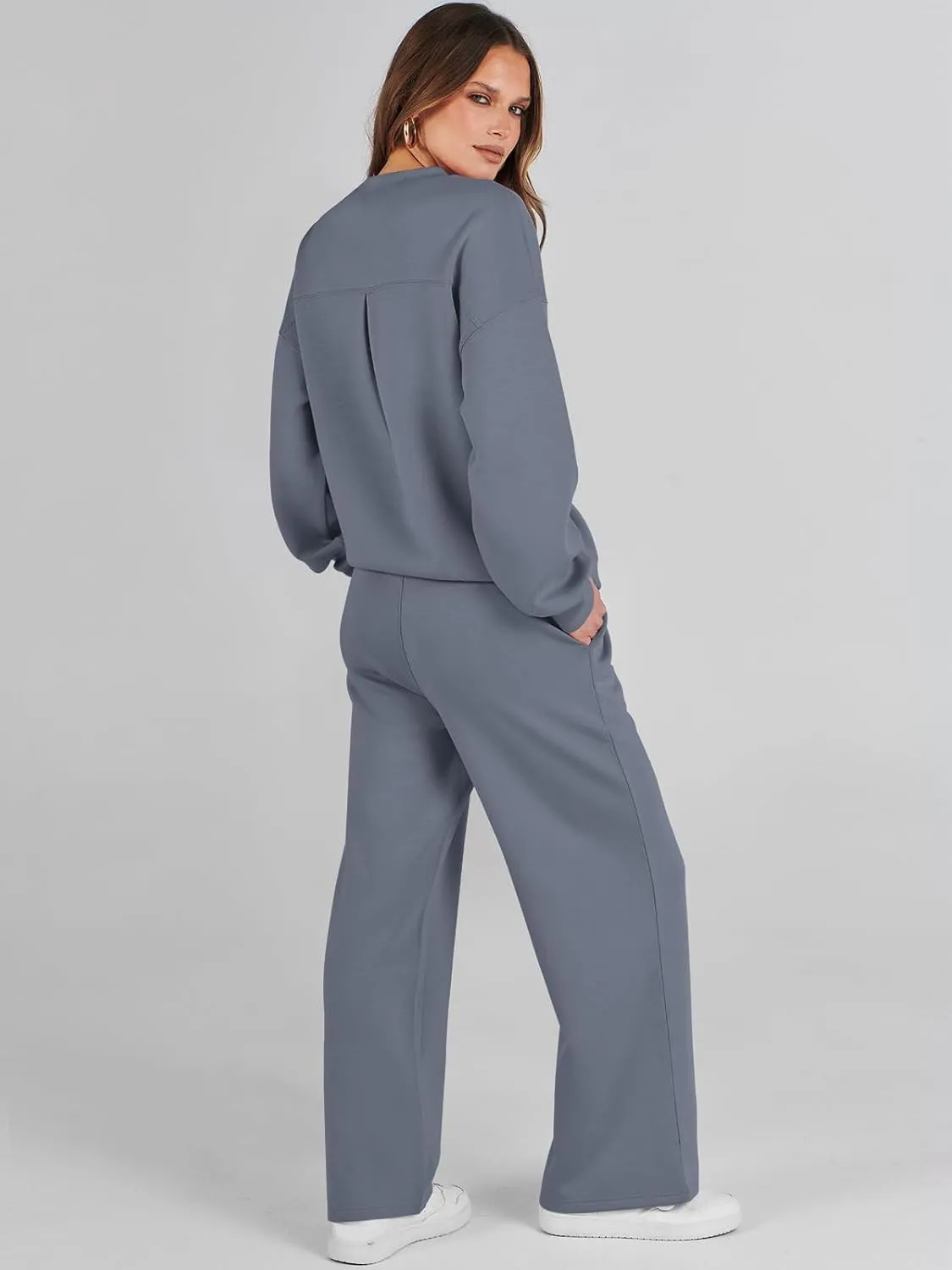 Caracilia Women's 2 Piece Outfits Sweatsuit Fall Crewneck Sweatshirts Wide Leg Pants Lounge Matching Sweat Sets Tracksuit