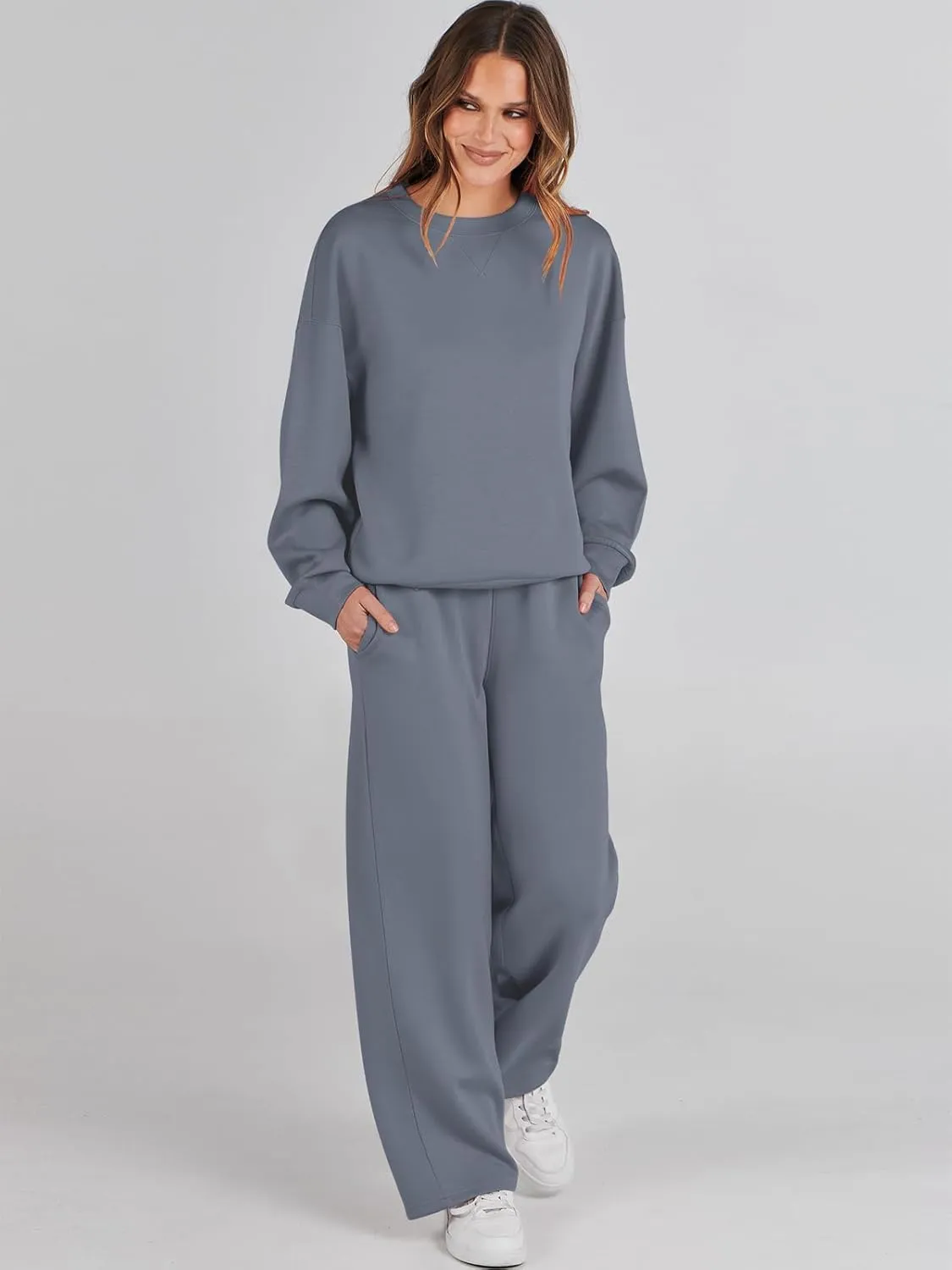 Caracilia Women's 2 Piece Outfits Sweatsuit Fall Crewneck Sweatshirts Wide Leg Pants Lounge Matching Sweat Sets Tracksuit