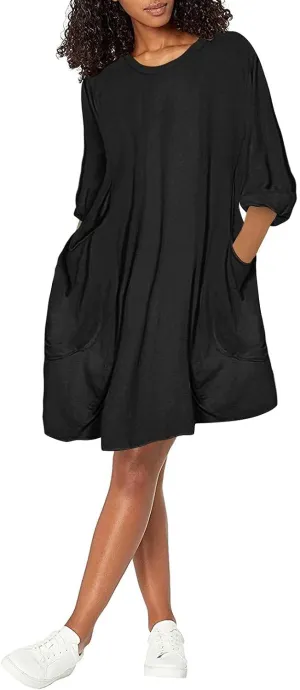 Casual Dresses for Women Summer Round Neck 3/4 Sleeve Solid Loose Long Tops Comfy Shift Plus Size Dress with Pocket