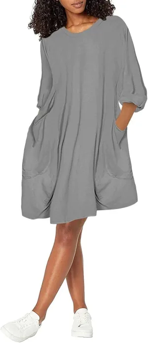 Casual Dresses for Women Summer Round Neck 3/4 Sleeve Solid Loose Long Tops Comfy Shift Plus Size Dress with Pocket