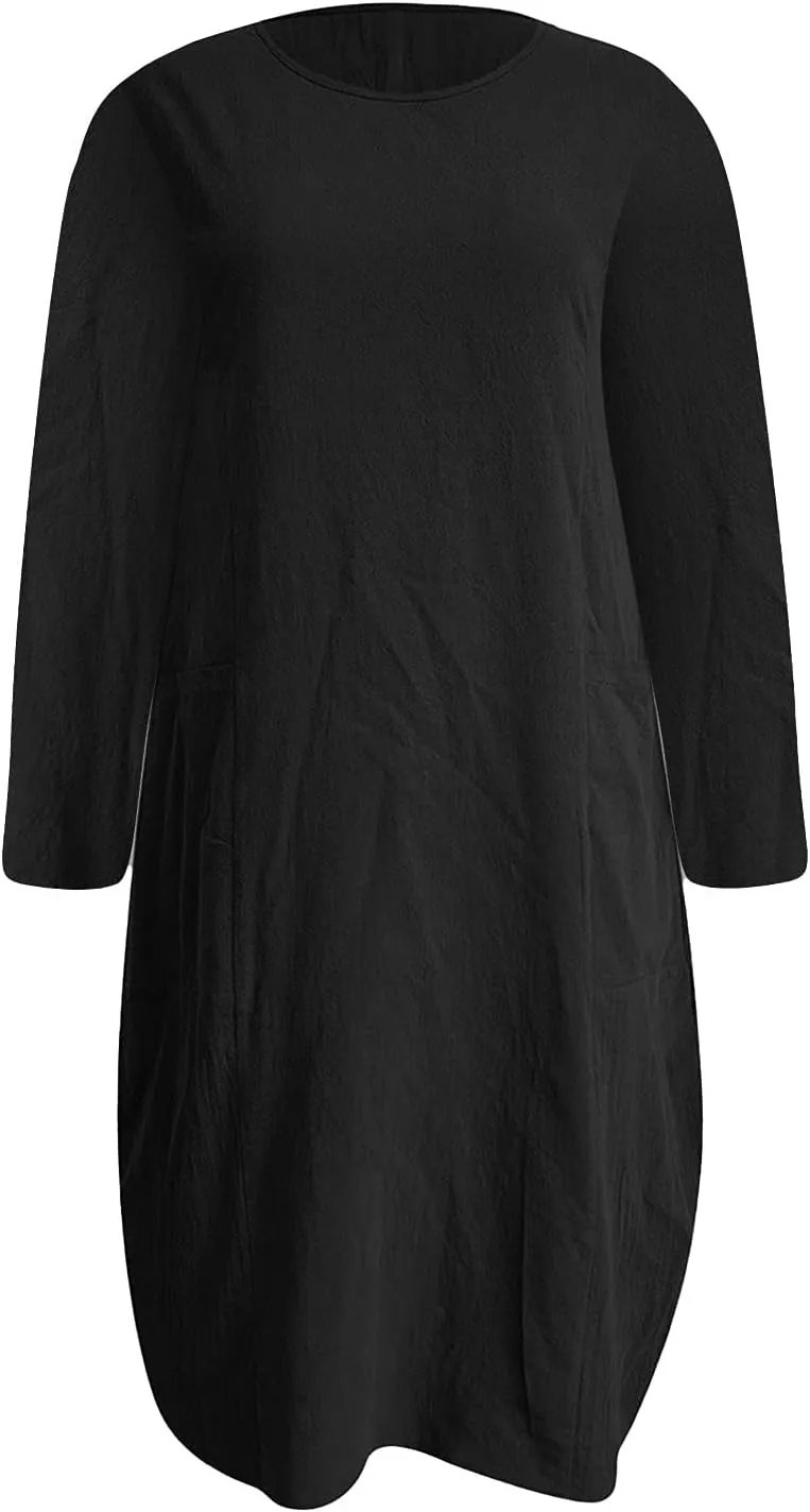 Casual Dresses for Women Summer Round Neck 3/4 Sleeve Solid Loose Long Tops Comfy Shift Plus Size Dress with Pocket