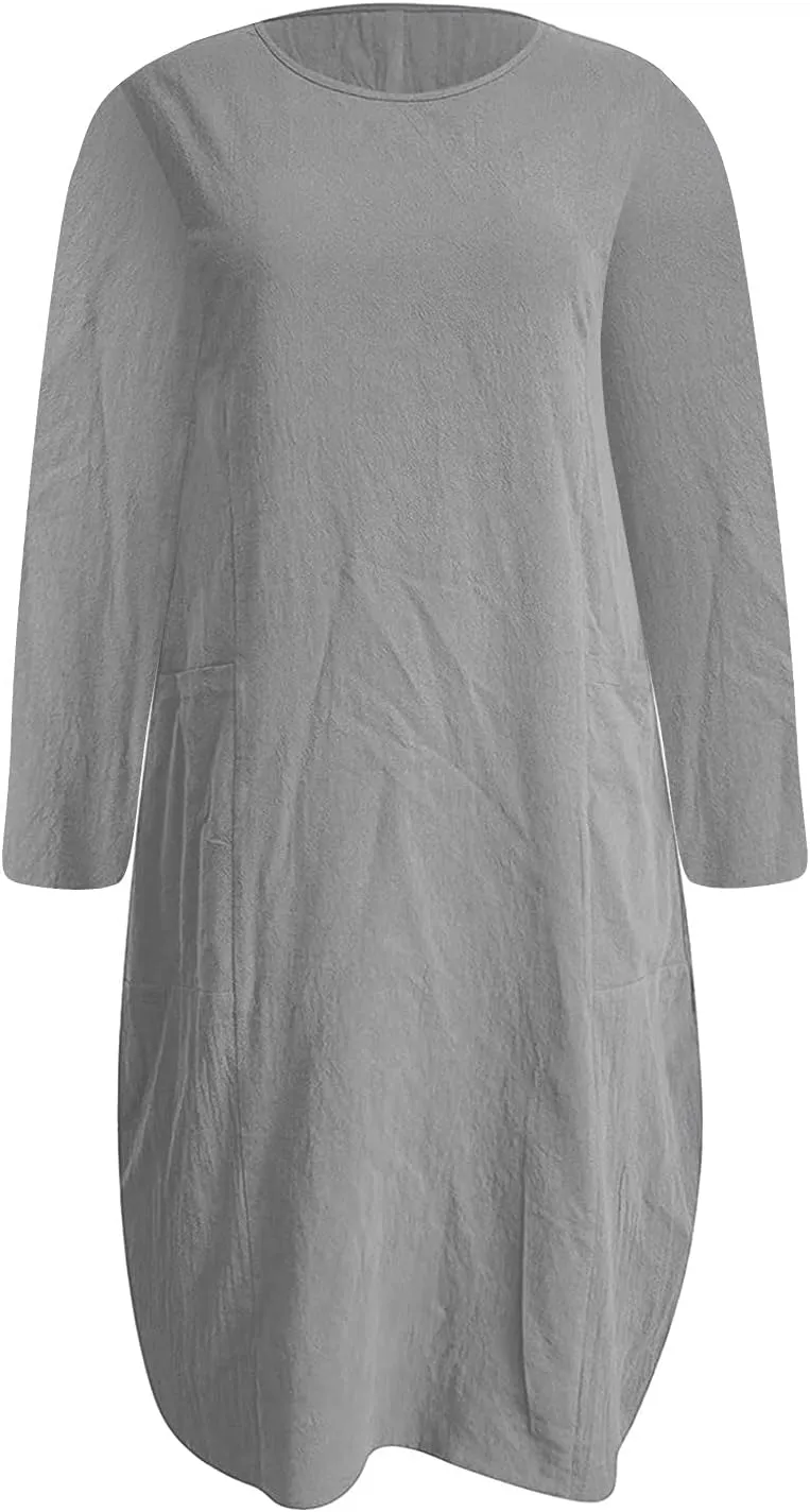 Casual Dresses for Women Summer Round Neck 3/4 Sleeve Solid Loose Long Tops Comfy Shift Plus Size Dress with Pocket