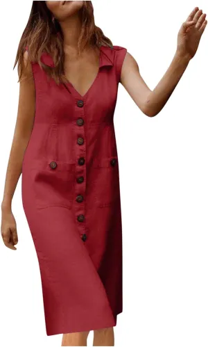 Ceboyel Womens 2023 Button Down Tank Dress Cotton Linen Midi Dresses Lapel V Neck Casual Dress Trendy Summer Outfits