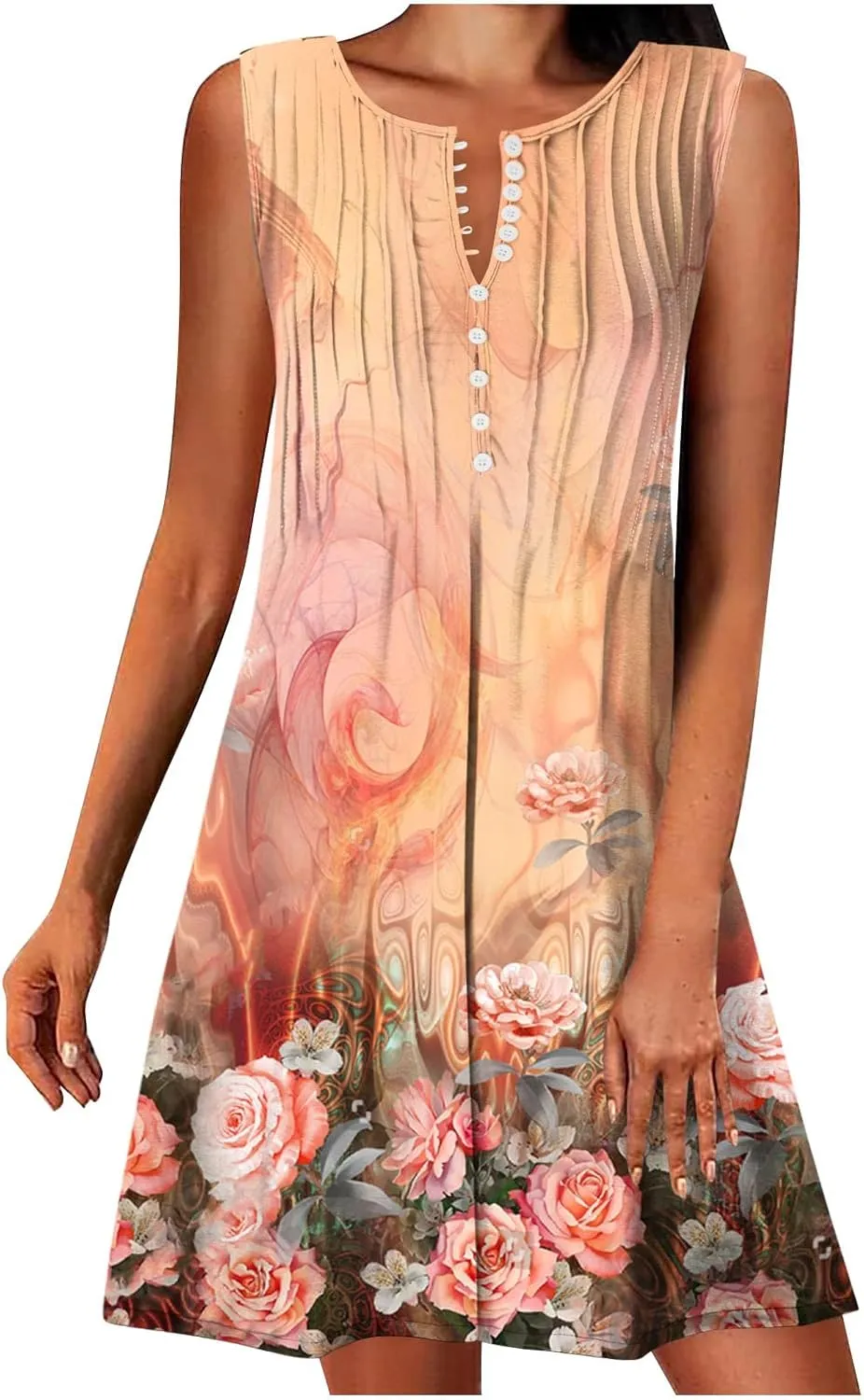 Ceboyel Womens 2023 Floral Tunic Dress Button Short Dresses Sleeveless Pleated Summer Causal Dress Cute Trendy Boho Clothes