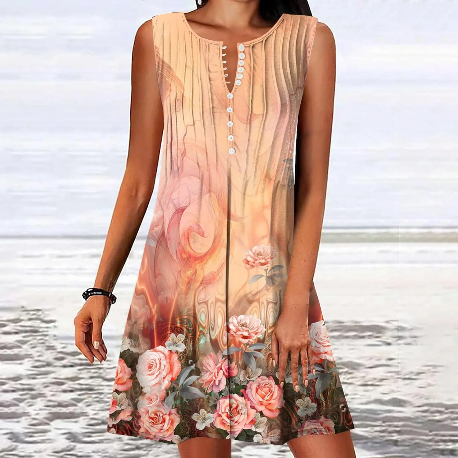 Ceboyel Womens 2023 Floral Tunic Dress Button Short Dresses Sleeveless Pleated Summer Causal Dress Cute Trendy Boho Clothes